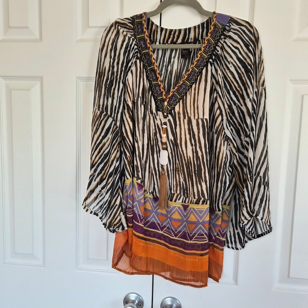Ashley Stewart Tiger Print Boho Tunic Top Beaded Tassel V-Neck Bell Sleeve 18/20